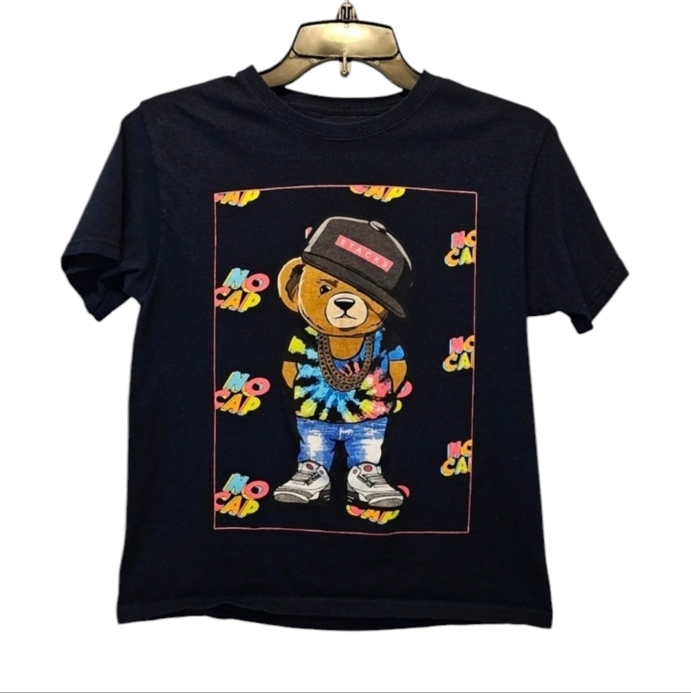Hustle Stacks No Cap Dark Blue Teddy Bear Reppin the 80's 100% Cotton Size M